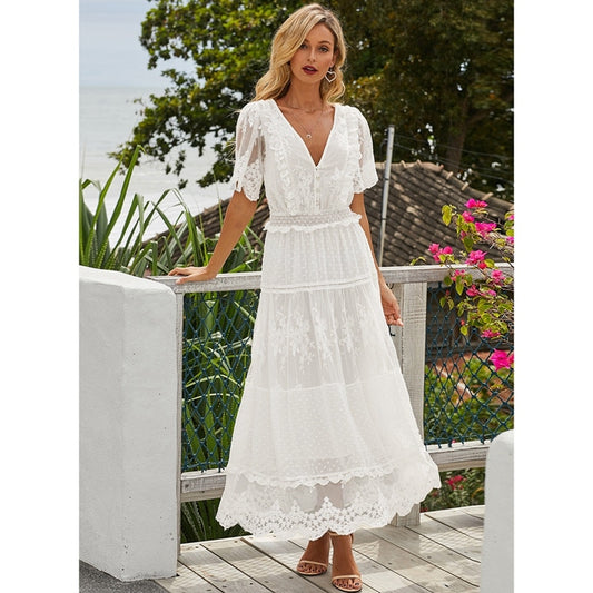 Hollow Out White Dress Sexy Boho