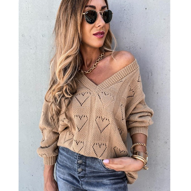 Sweater Shirts Heart Hollow Out Boho Knitting Tunic