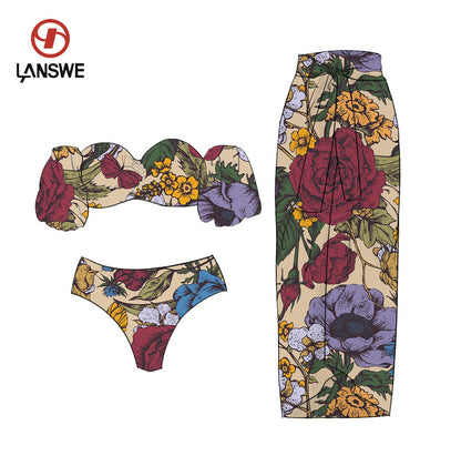 Lanswe Vintage Print Boho Split Bikini Swimwear