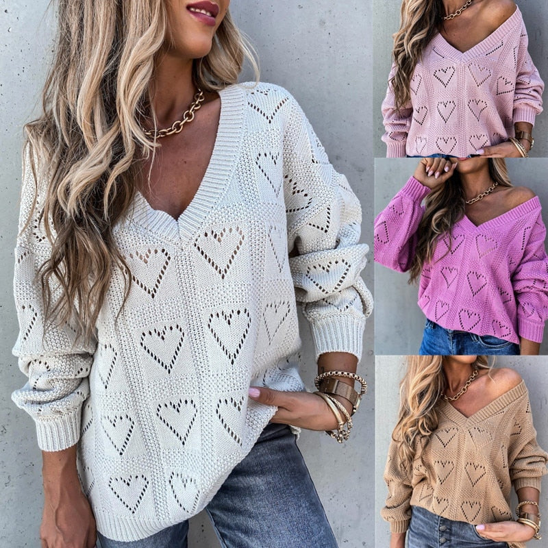 Sweater Shirts Heart Hollow Out Boho Knitting Tunic