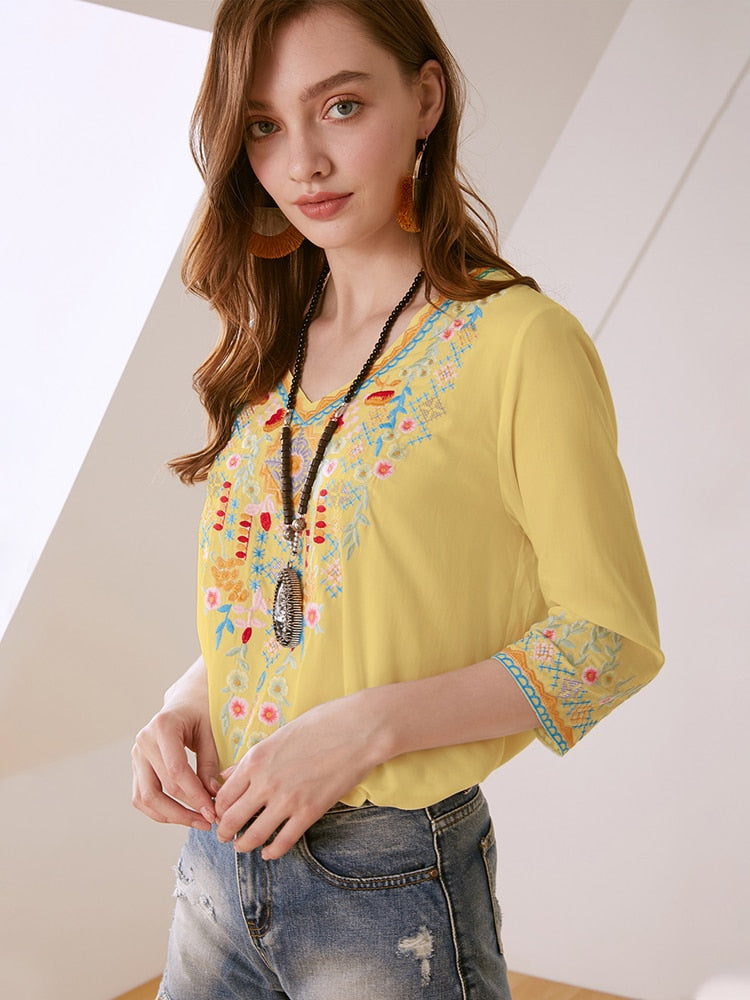 Boho Floral Embroidery Blouse