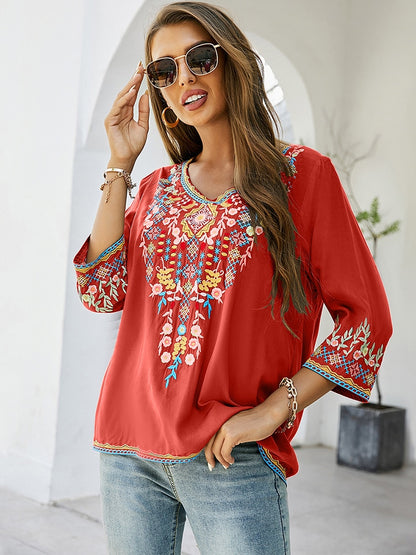 Boho Floral Embroidery Blouse