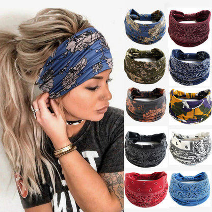 Boho Flower Print Wide Headbands Vintage