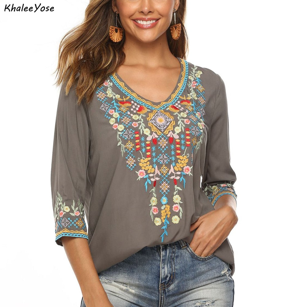 KHALEE YOSE Boho Floral Embroidery Mexican Blouse Shirts Vintage Chic Autumn Blouse Women s3xl Ethnic Hippie Shirt Blouse Tops