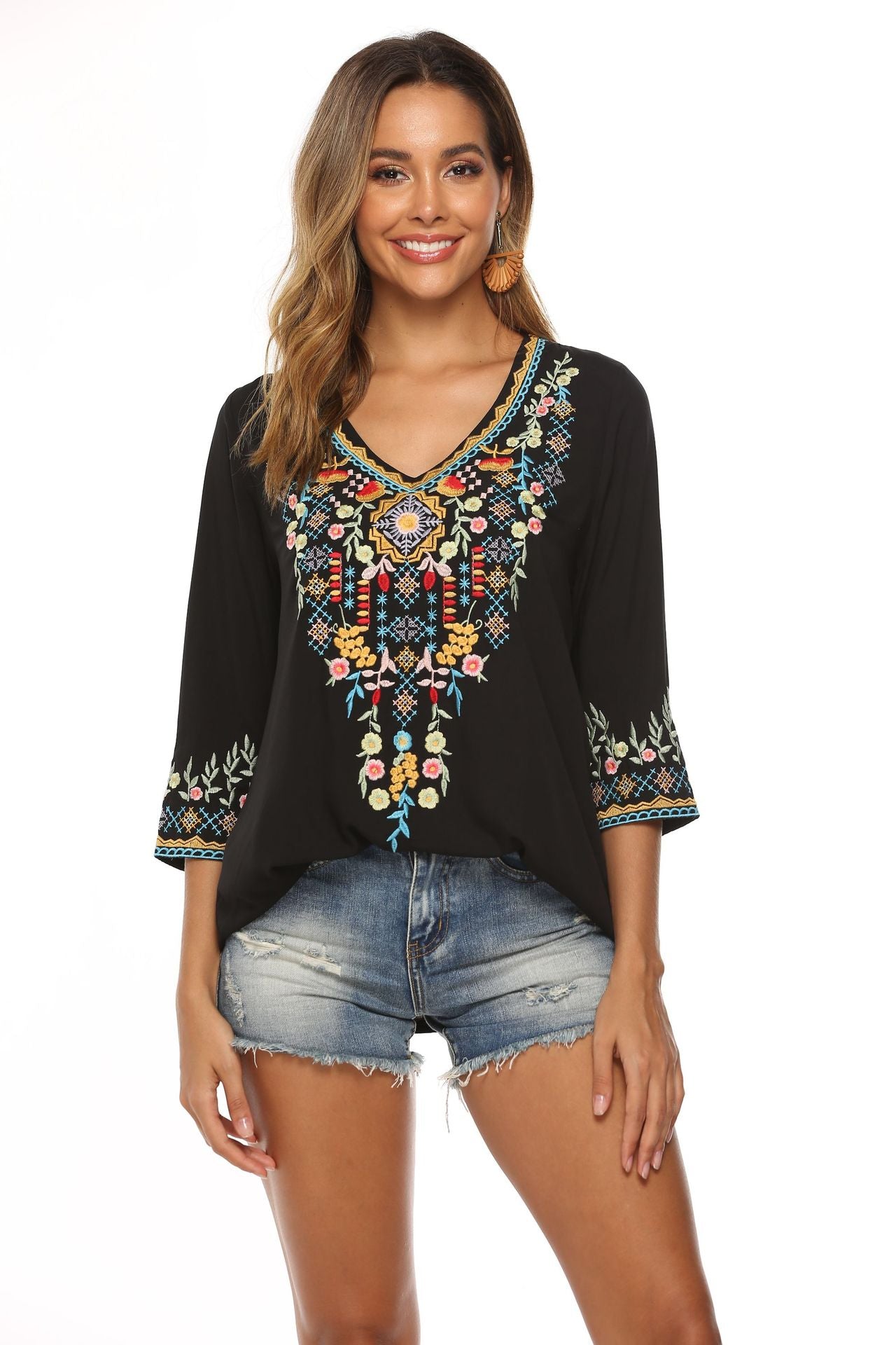 Boho Floral Embroidery Blouse