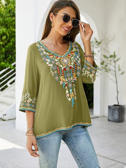 Boho Floral Embroidery Blouse